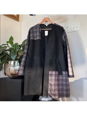 Cato Faux Suede Plaid Check Long Jacket Sz XL Black Gray Open Front Crewneck New